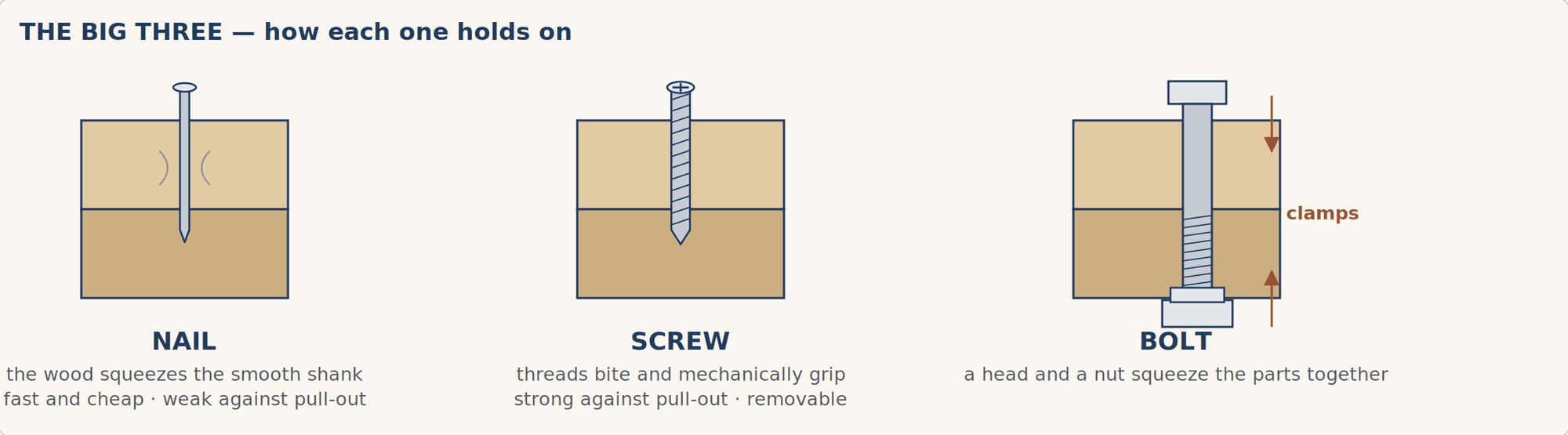 Cross-sections through wood comparing how a nail, a screw and a bolt each hold two pieces together.