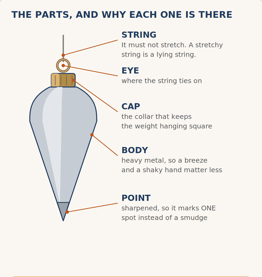 Labelled drawing of a plumb bob showing the string, eye, cap, body and point, with a note on each part.